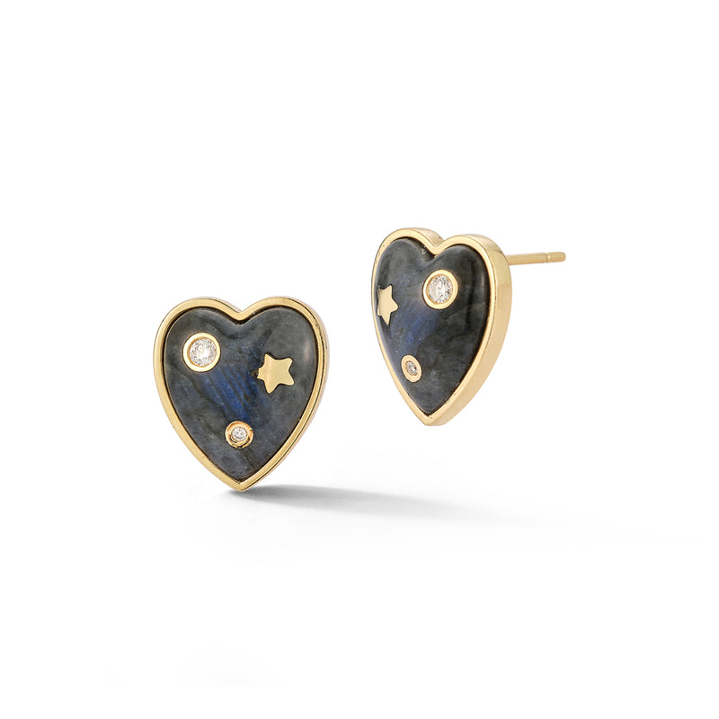 14K Gold & Labradorite Anne Diamond Heart Stud Earrings