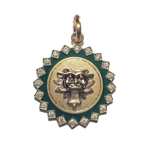 14K Gold Diamond & Green Enamel Guardian Lion Mabel Medallion - storrow