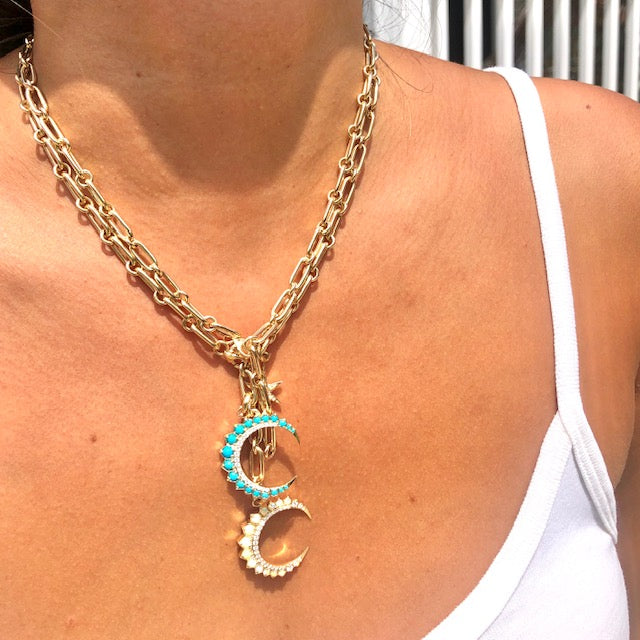 14K Gold Diamond & Turquoise Crescent Moon Estelle Charm - storrow