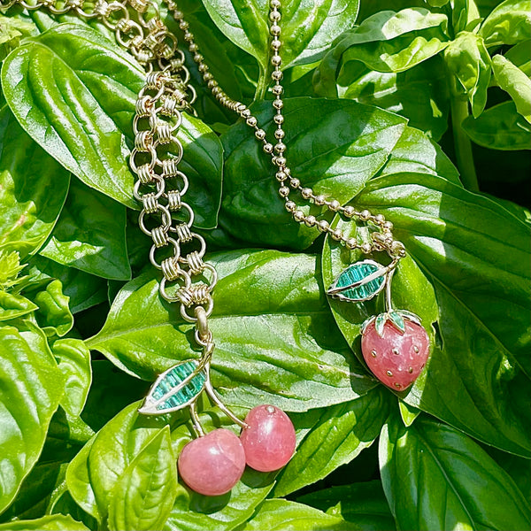 14K Gold Emerald & Rhodochrosite Sweet Strawberry Charm