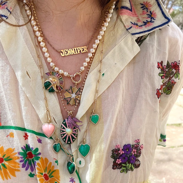 14K Gold Pink Opal Malachite & Enamel Emmeline Charm - storrow