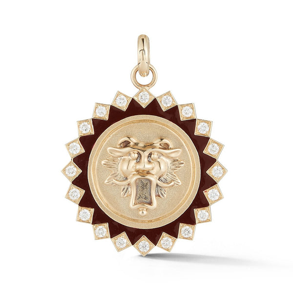 14K Gold Diamond & Red Enamel Guardian Lion Mabel Medallion - storrow