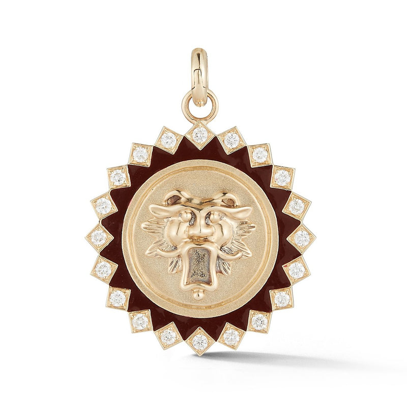 14K Gold Diamond & Red Enamel Guardian Lion Mabel Medallion - storrow