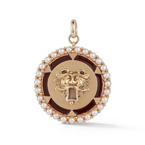 14K Gold Pearl & Red Enamel Guardian Lion Maude Medallion - storrow