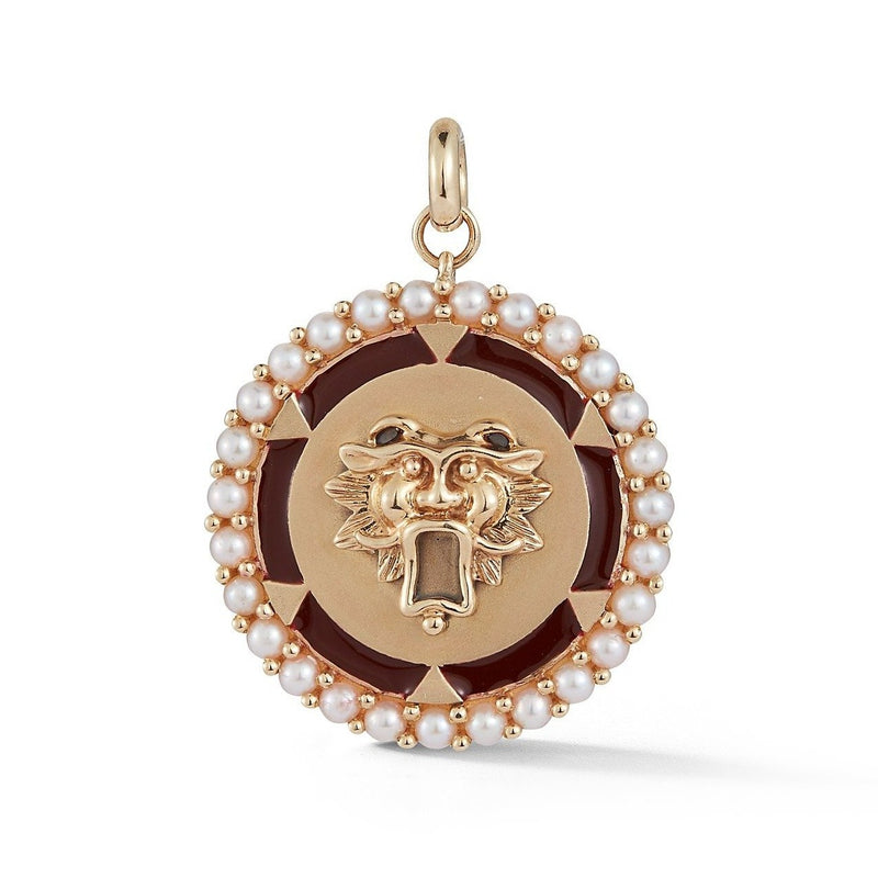14K Gold Pearl & Red Enamel Guardian Lion Maude Medallion - storrow