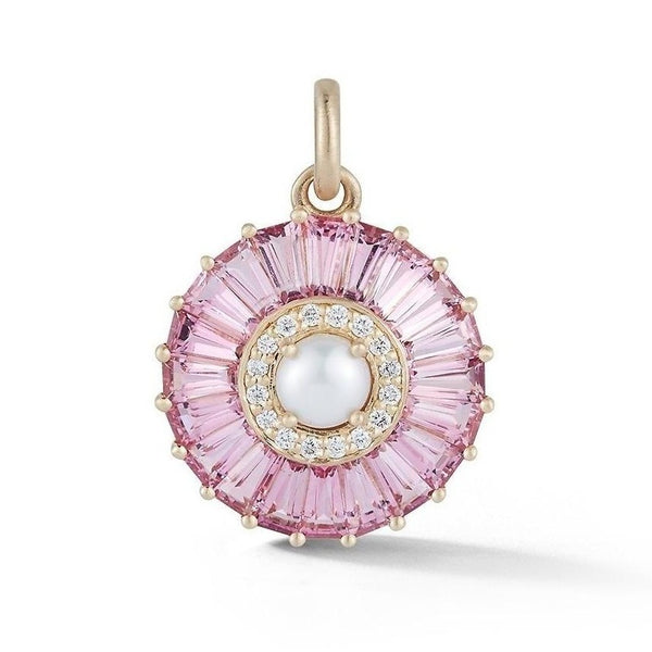 14K Gold Pink Tourmaline Diamond & Pearl Emily Large Charm - storrow