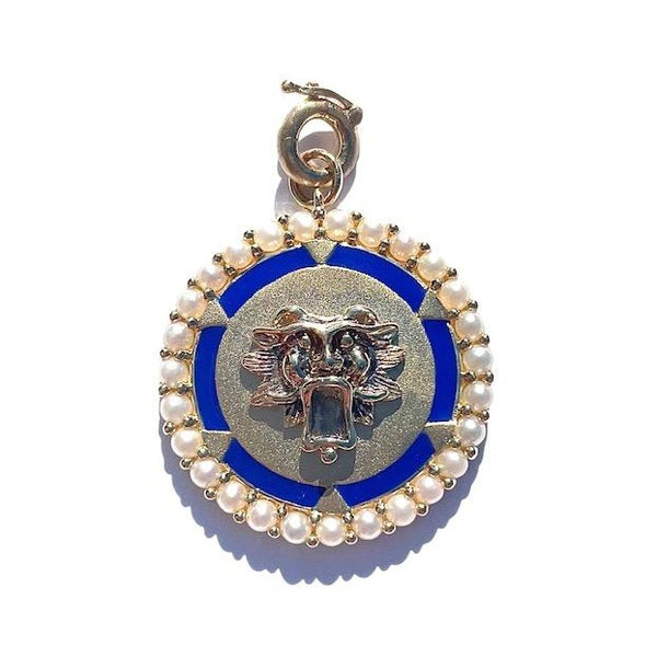 14K Gold Pearl & Blue Enamel Guardian Lion Maude Medallion - storrow