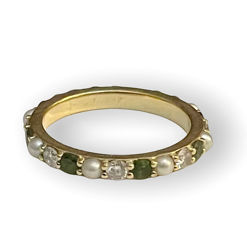 14K Gold Green Tourmaline Diamond & Pearl Iris Ring