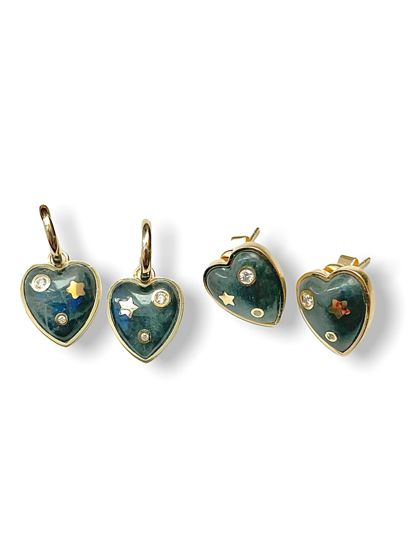 14K Gold & Labradorite Anne Diamond Heart Huggie Earrings