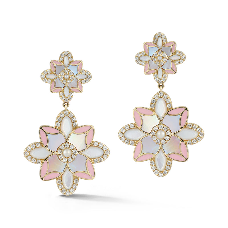 14K Gold Violet Double Drop Mixed Stone & Enamel Earrings