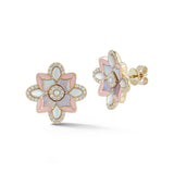 14K Gold Violet Stud Mixed Stone & Enamel Earrings