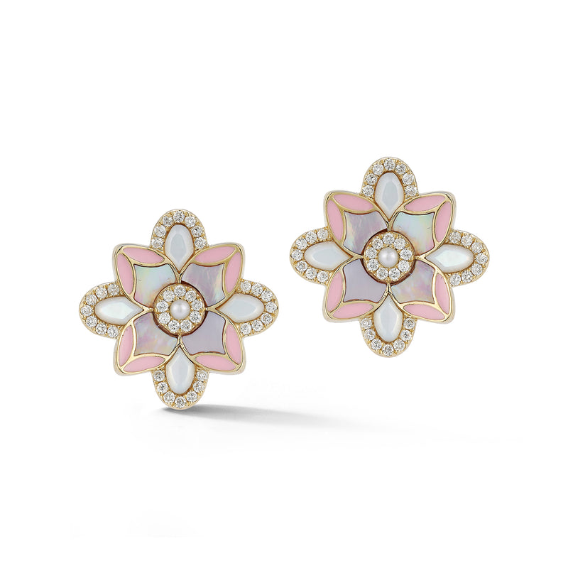 14K Gold Violet Stud Mixed Stone & Enamel Earrings