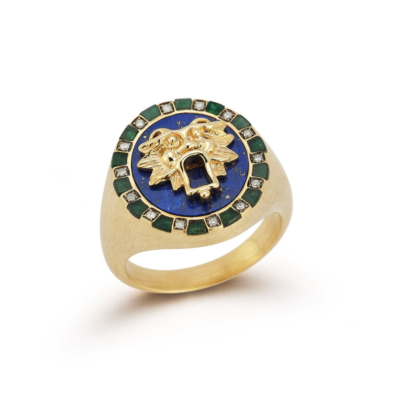 14K Gold Lapis Emerald Diamond Lottie Lion Ring