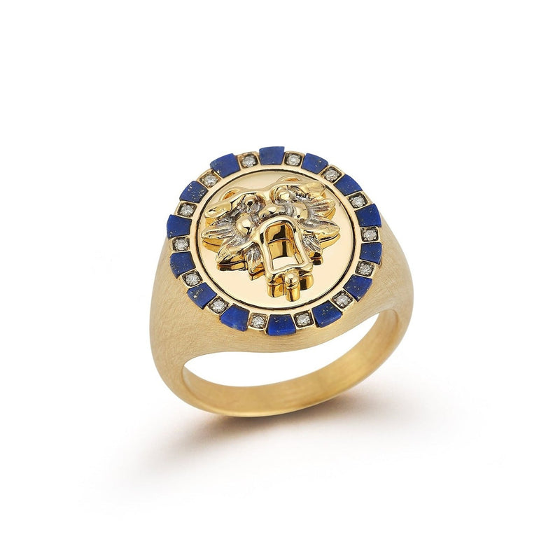 14K Gold Lapis Diamond Lottie Lion Ring