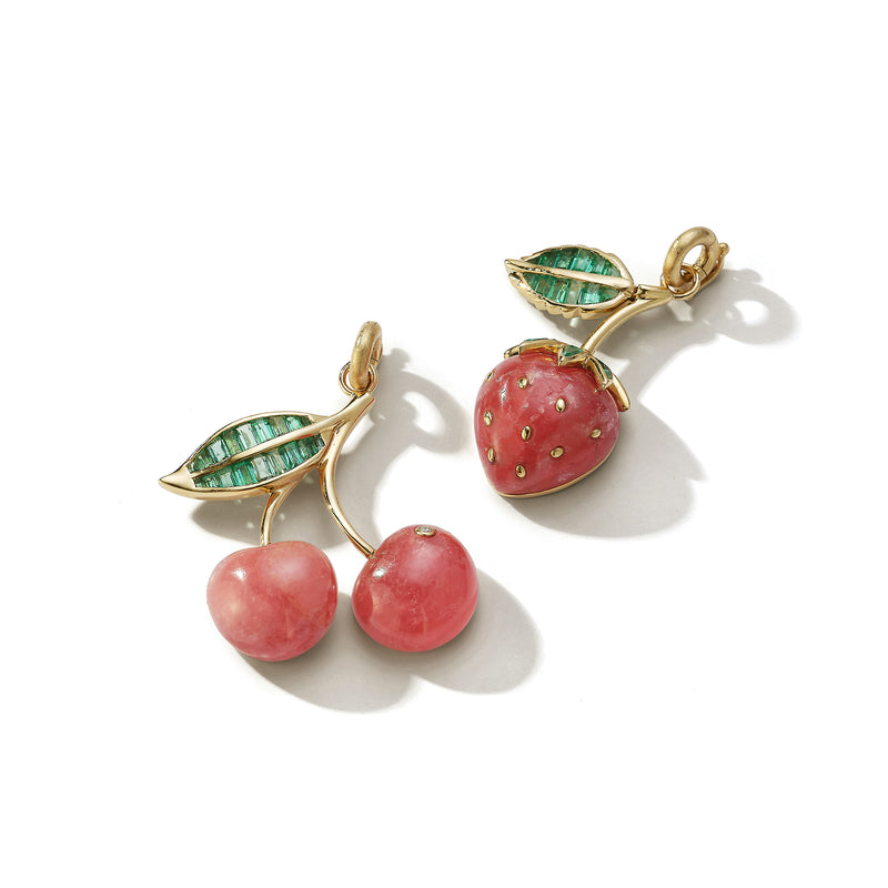 seeded strawberry fruit charm 14K Gold Emerald & Rhodochrosite Sweet Strawberry Charm – storrow